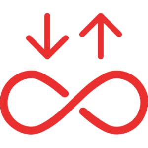 Red infinity symbol with upward and downward arrows on gray background