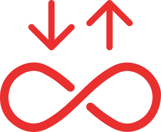 Red infinity symbol with upward and downward arrows on gray background